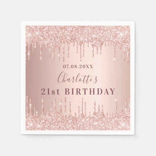 Roos goudglitter dript monogram op geboortedag servet (Voorkant)