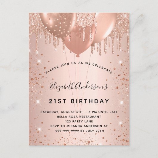 Roos goudglitter druppelt ballonnen uitnodiging briefkaart (Voorkant)