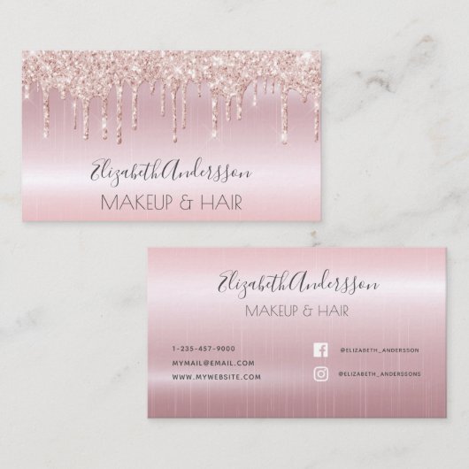 Roos goudglitter druppelt metaalhoudend make-uphaa visitekaartje (Voorkant / Achterkant)