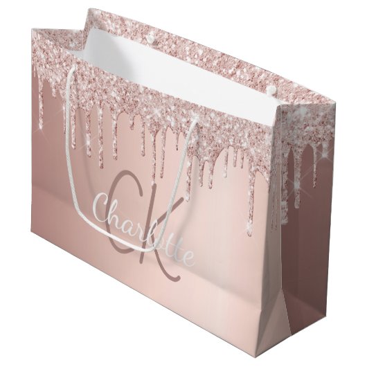Roos goudglitter druppelt monogram elegant groot cadeauzakje (Voorkant Gekanteld)