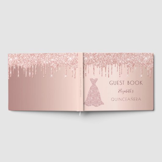 Roos goudglitter druppelt roze gras Quinceanera Gastenboek (Volledig)