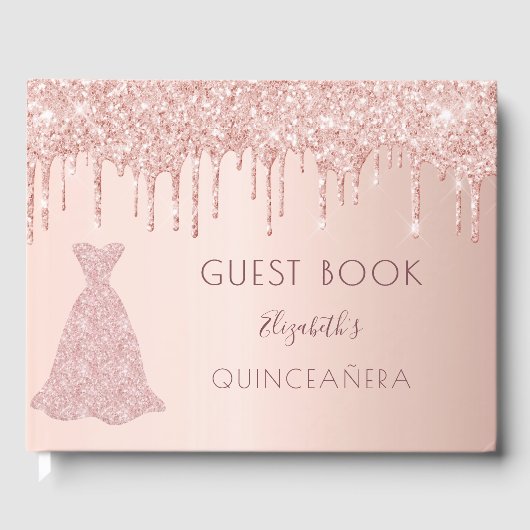 Roos goudglitter druppelt roze gras Quinceanera Gastenboek (Voorkant)