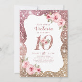 Roos goudglitter en bloem 10e verjaardag kaart (Voorkant)