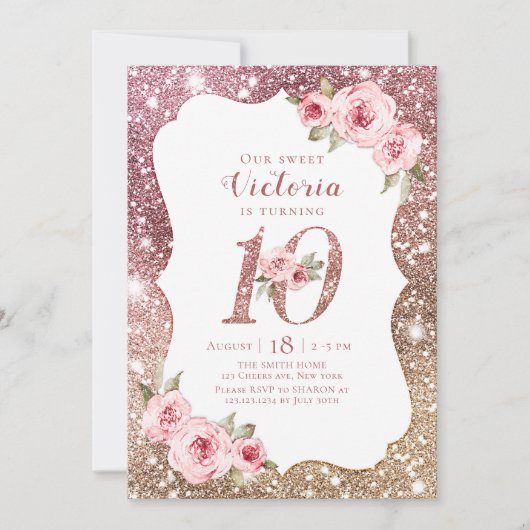 Roos goudglitter en bloem 10e verjaardag kaart (Voorkant)