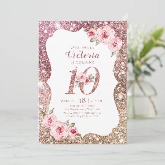 Roos goudglitter en bloem 10e verjaardag kaart (Staand voorkant)