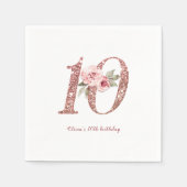 Roos goudglitter en bloem 10e verjaardag servet (Voorkant)