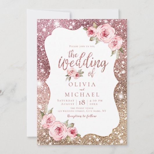 Roos goudglitter en bloembruiloft kaart (Voorkant)