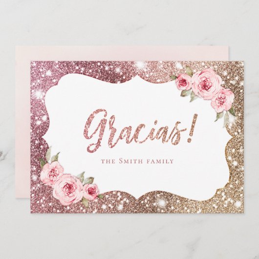 Roos goudglitter en bloemkorrels kaart (Voorkant / Achterkant)