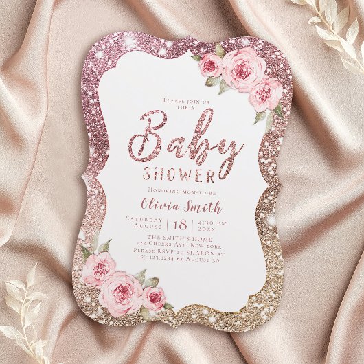 Roos goudglitter en floreel baby shower kaart