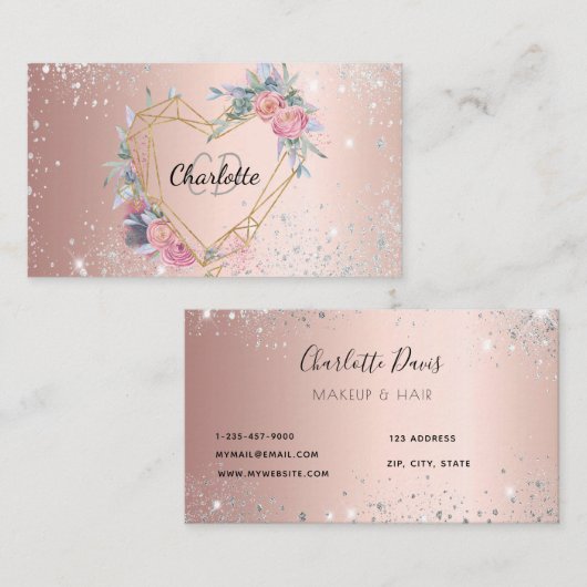 Roos goudglitter floral make-up schoonheid visitekaartje (Voorkant / Achterkant)