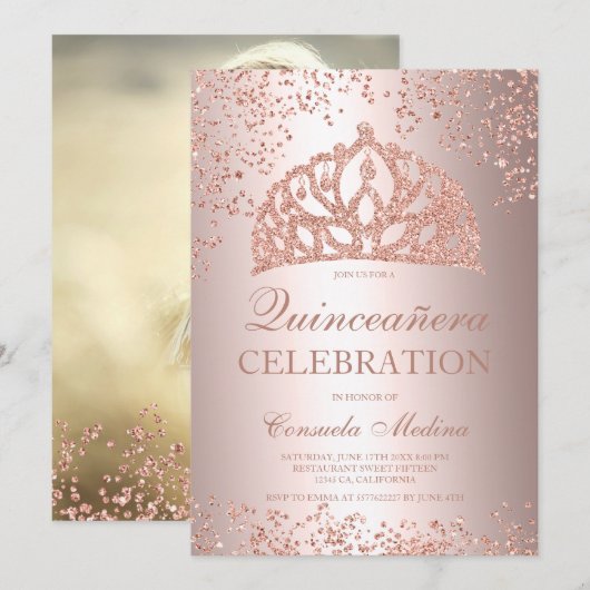 Roos goudglitter foto tiara Quinceañera Kaart (Voorkant / Achterkant)