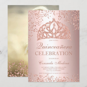 Roos goudglitter foto tiara Quinceañera Kaart