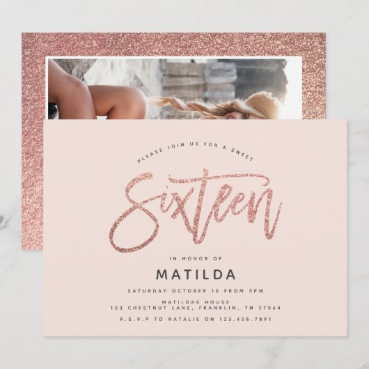 Roos goudglitter foto zoet 16 jaar (Voorkant / Achterkant)