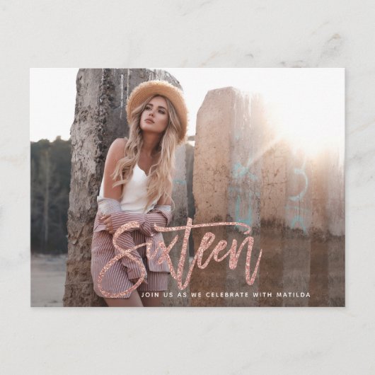 Roos goudglitter foto zoet 16 jaar briefkaart (Voorkant)