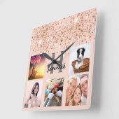 Roos goudglitter fotocollage vierkante klok (Hoek)