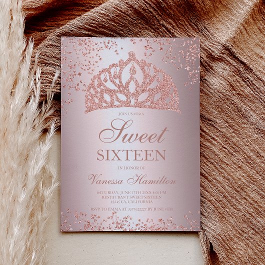 Roos goudglitter foto's kroontiara Sweet 16 Kaart