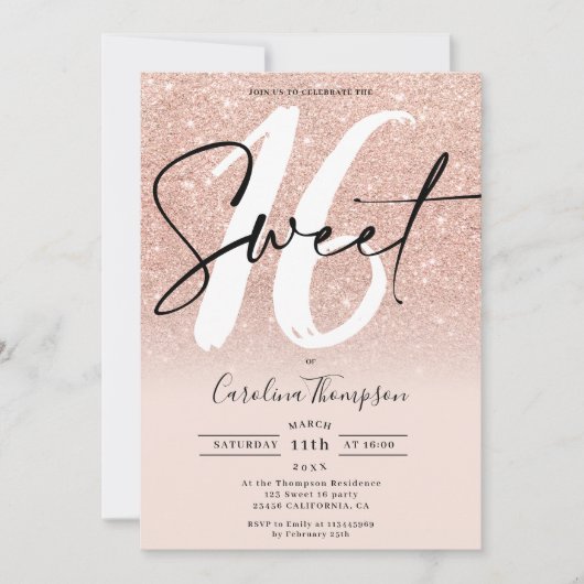 Roos goudglitter-grensscriptfoto Sweet 16 Kaart (Voorkant)