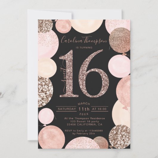 roos goudglitter grijze ballon Sweet 16 foto Kaart (Voorkant)