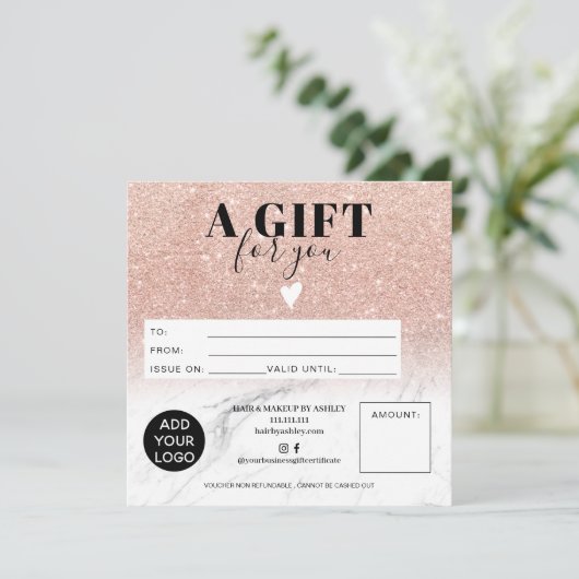 Roos goudglitter marmer cadeaubon logo (Staand voorkant)