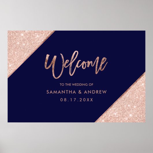 Roos goudglitter marvy blue bruiloft welkom poster (Voorkant)