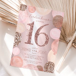 roos goudglitter metaalballon Sweet 16 foto Kaart<br><div class="desc">Een modern,  chic en elegant roos goud sequent zoete 16 verjaardagsfeestuitnodiging met een moderne 16-typografie met roos goudroze ballonnen met handbeschilderde pastelroze,  roos gouden glitter,  sequins,  bleke roze clusterballonnen met elegante kalligrafie op luxe metalen geborstelde folie.. Voeg je foto achteraan toe. Perfect voor het prinsesthema Sweet 16!</div>