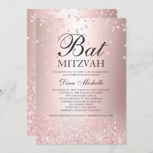 roos goudglitter metalen sparkle Bat Mitzvah Kaart (Voorkant / Achterkant)