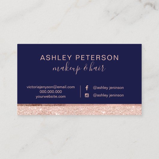 Roos goudglitter navy blauw haar make-up typografi visitekaartje (Achterkant)