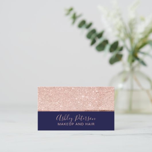 Roos goudglitter navy blauw haar make-up typografi visitekaartje (Staand voorkant)
