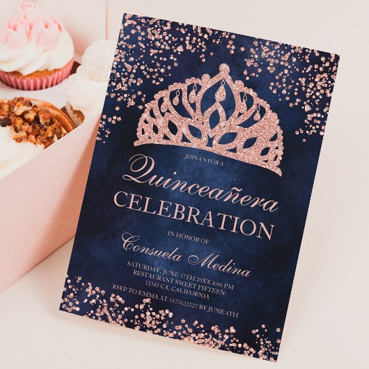 Roos goudglitter navy foto tiara Quinceañera Kaart
