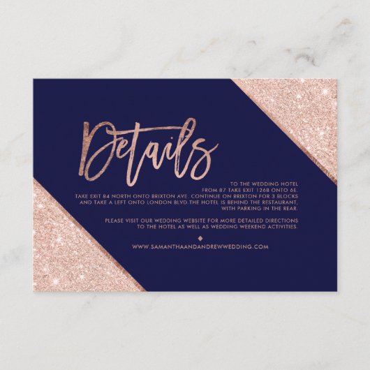 Roos goudglitter navy script trouwrichting informatiekaartje (Voorkant)