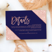 Roos goudglitter navy script trouwrichting informatiekaartje