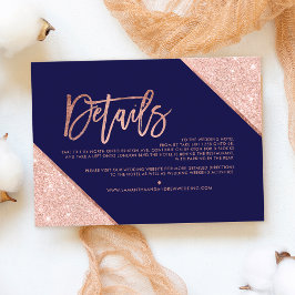 Roos goudglitter navy script trouwrichting informatiekaartje