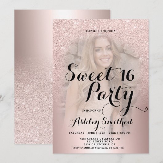 Roos goudglitter ombre metallic foto Sweet 16 Kaart (Voorkant / Achterkant)