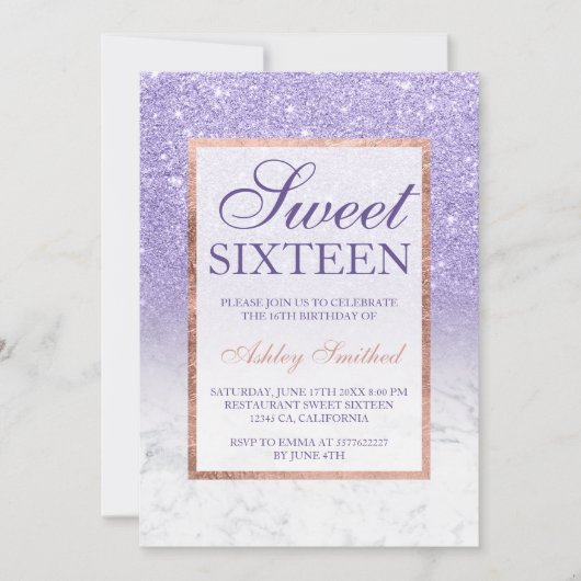 Roos goudglitter ombre paarse chic Sweet 16 Kaart (Voorkant)