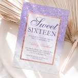 Roos goudglitter ombre paarse chic Sweet 16 Kaart<br><div class="desc">Een modern,   en elegant faux roos goudglitter douchecombre met Paars violet kleurenblok Sweet 16 verjaardagsfeestuitnodiging met een gouden bolvormig roos met Paars violet en elegant goudlijst.</div>