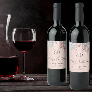 Roos goudglitter roze zilver wijn etiket