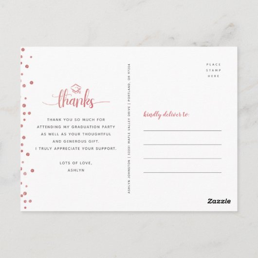 Roos goudglitter script afstuderen bedankt briefkaart (Achterkant)