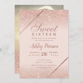 Roos goudglitter script foto lichtroze Sweet 16 Kaart (Voorkant / Achterkant)