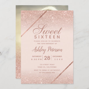 Roos goudglitter script foto lichtroze Sweet 16 Kaart