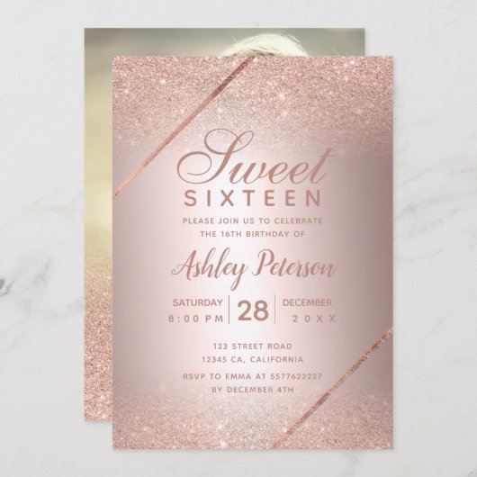 Roos goudglitter script foto metallic Sweet 16 Kaart (Voorkant / Achterkant)