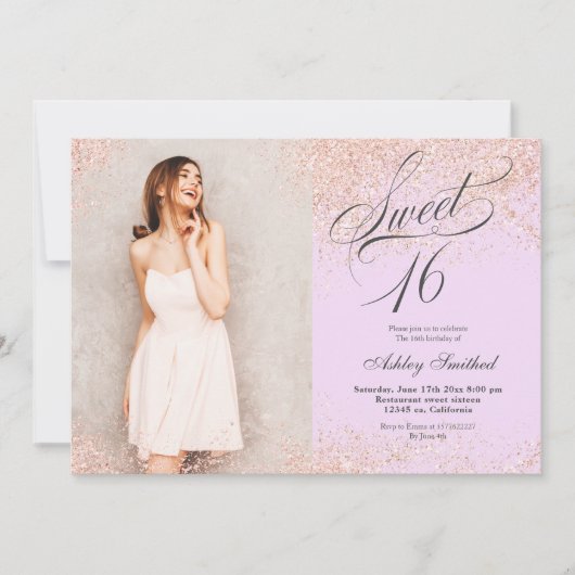 roos goudglitter script lavender foto Sweet 16 Kaart (Voorkant)