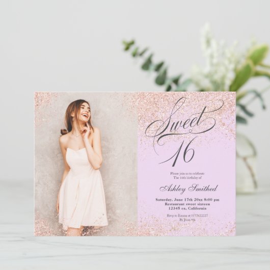 roos goudglitter script lavender foto Sweet 16 Kaart (Staand voorkant)