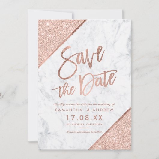 Roos goudglitter script marmer bewaar de datum save the date (Voorkant)
