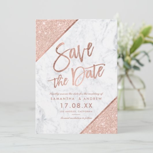 Roos goudglitter script marmer bewaar de datum save the date (Staand voorkant)