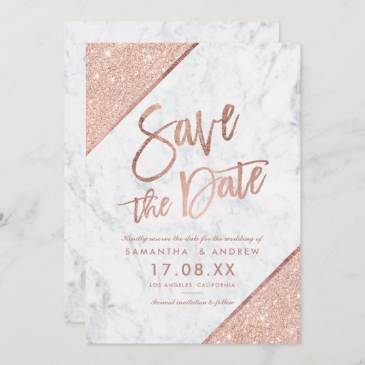 Roos goudglitter script marmer bewaar de datum save the date (Voorkant / Achterkant)