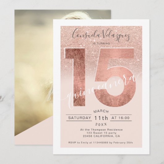 Roos goudglitter-script zwart op quinceanera-foto kaart (Voorkant / Achterkant)