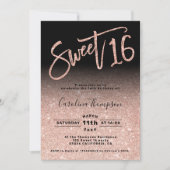 Roos goudglitter-script zwart Sweet 16 foto Kaart (Voorkant)