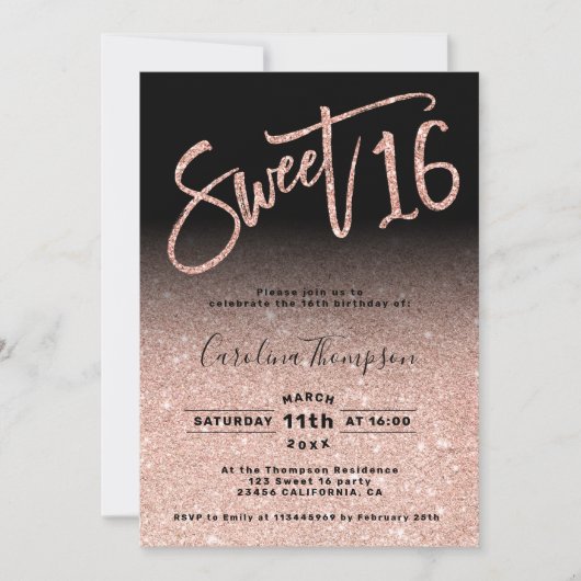 Roos goudglitter-script zwart Sweet 16 foto Kaart (Voorkant)
