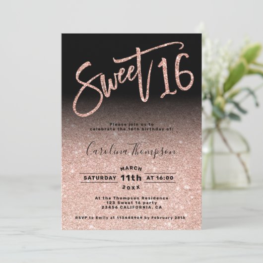 Roos goudglitter-script zwart Sweet 16 foto Kaart (Staand voorkant)