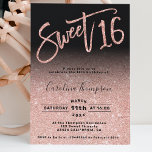 Roos goudglitter-script zwart Sweet 16 foto Kaart<br><div class="desc">Een modern,  chic en elegant roos goud glitter ombre,  zoete 16-jarige folie feestdag met een moderne 16-tipografie met een gouden folie van het roos en een glitter op een bewerkbare zwarte achtergrond. Voeg je foto achteraan toe. Perfect voor het prinsesthema Sweet 16!</div>